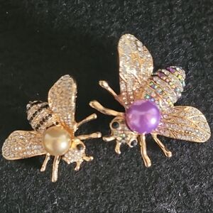 Set Of 2, Beautiful Gold, Crystals, & Pearl Bee Broochs